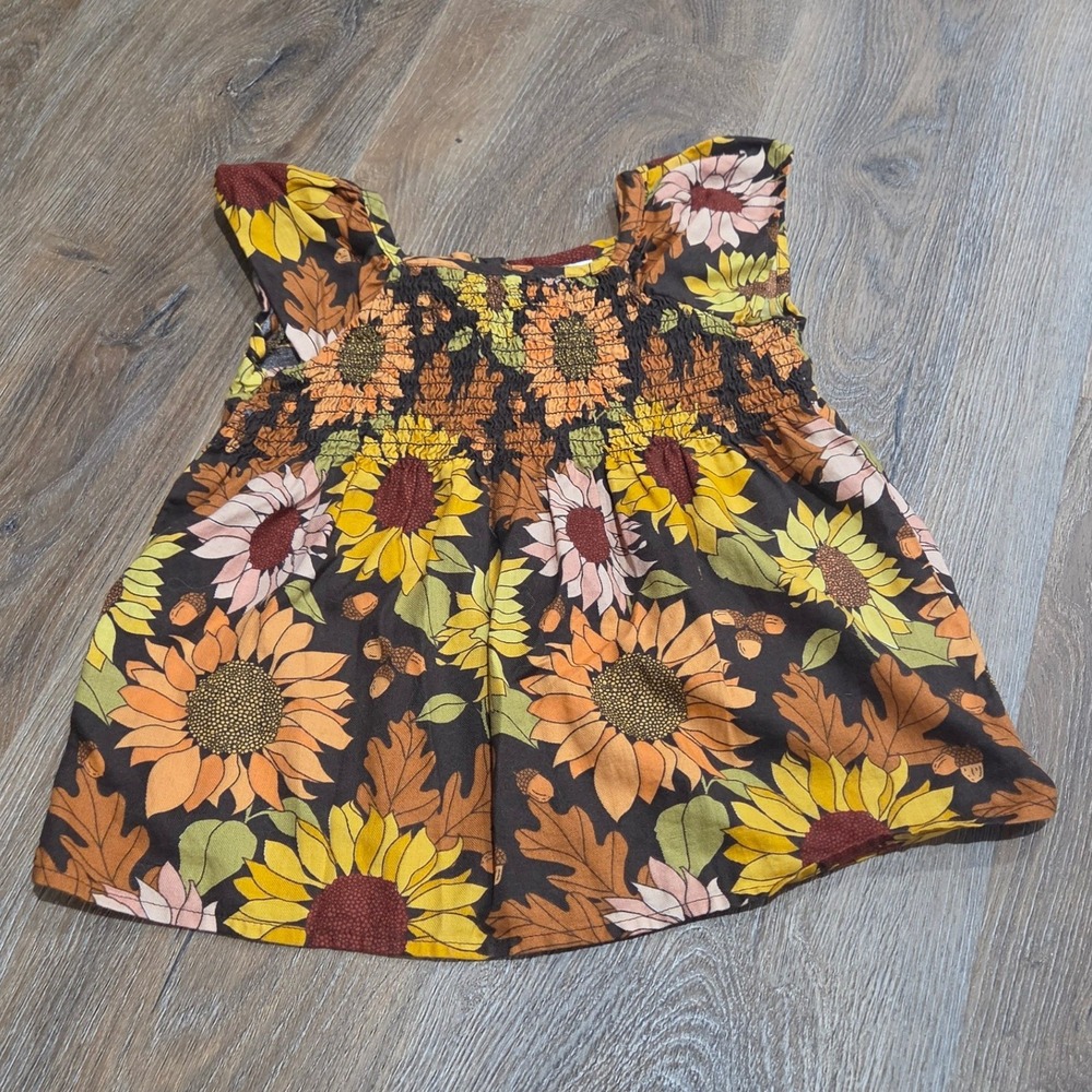 Gymboree Girls 5T Sunflower Acorn Smocked Top Brown Fall Floral Cotton Blouse